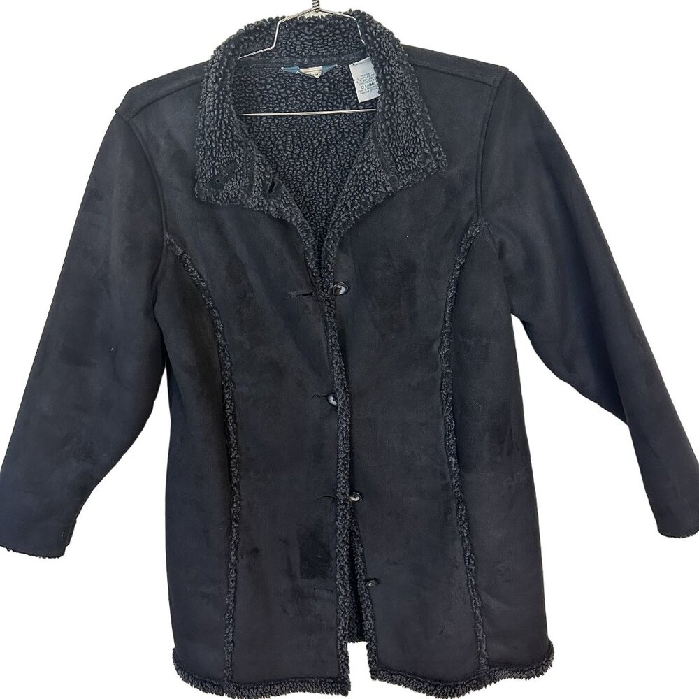 L.L. Bean Vtg Womens Black Lined Coat Jacket Faux Suede Large Petite Button Up